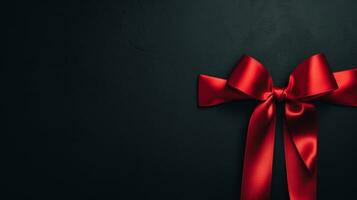 Black background with red ribbon bow wallpaper copy space. Black Friday concept. Template mockup for text, logo and product presentation. AI Generative photo