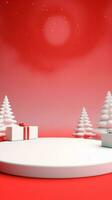 Minimal scene with balls, snow, gifts and pine trees for Christmas product presentation. Vertical 3D render for social media. Stage decorated for Christmas. AI Generative photo