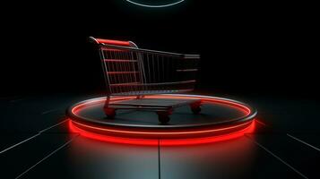 Shopping cart over dark podium and black background. Black Friday concept. Template mockup for text, logo and product presentation. AI Generative photo