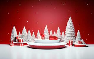 Minimal scene with balls, snow, gifts and pine trees for Christmas product presentation. 3D render for social media. Stage decorated for Christmas. AI Generative photo