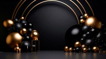 Gold and black spheres over black background. Black Friday concept. Template mockup for text, logo and product presentation. AI Generative photo