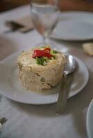 Traditional spanish russian salad with mayonnaise. Tapas food. photo
