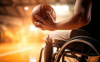 hombre en silla de ruedas jugando baloncesto. ai generativo foto