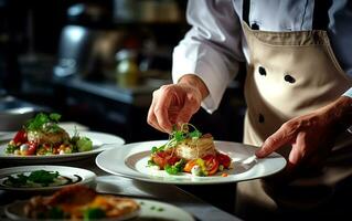 Chef adding the final touches to the dish. AI Generative photo