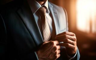 Closeup photo of businessman adjusting his necktie. AI Generative