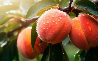 Fresh ripe peaches on tree with rain drops. AI Generative photo