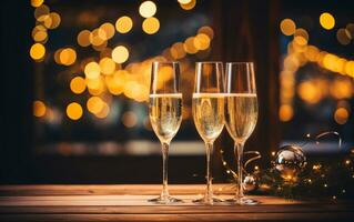 celebracion con champán. Tres lentes de champán con papel picado, Brillantina, serpentina y luces. nuevo años víspera concepto. ai generativo foto