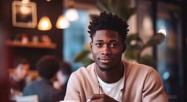 Attractive black man portrait looking to camera on cozy cafeteria. AI Generative photo