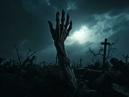 Zombie hand rising on tombstone in dark spooky night, halloween background, AI Generated photo