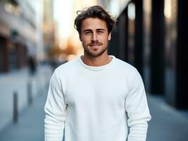 Young man wearing blank empty white t-shirt long sleeves sweater mockup for design template,AI Generated photo