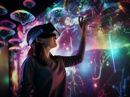 Woman using virtual reality headset, looking around at interactive technology exhibition with multicolor projector light illumination, AI Generated photo