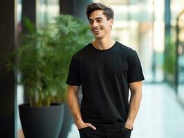 Attractive caucasian man wearing blank empty black t-shirt mockup for design template, AI Generated photo