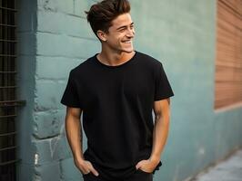 Cute teen boy wearing blank empty black t-shirt mockup for design template, AI Generated photo