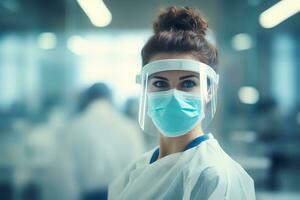 Medical research laboratory, portrait of female scientist wearing face mask looking at camera, AI Generated photo