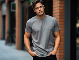 attractive man wearing blank empty grey t-shirt mockup for design template, AI Generated photo