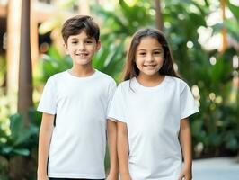 Cute sibling or friend, boy and girl wearing blank empty white tshirt mockup for design template,AI Generated photo