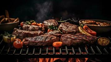 delicioso carne de vaca filetes Cocinando en el parrilla con llamas generado foto