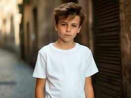 Cute boy wearing blank empty white t-shirt mockup for design template,AI Generated photo