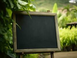 Blank blackboard mockup in organic fresh vegetables gardening, agriculture and business farmer concept, AI Generated photo