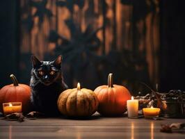 Halloween decorative with cat on wooden table top with blurred night scene background,AI Generated photo