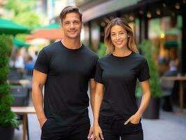 A couple boyfriend and girlfriend wearing blank black matching t-shirts mockup for design template, AI Generated photo