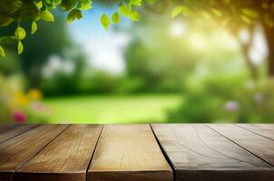 Abstract empty wooden desk tabletop with copy space over spring and summer blurred background, display for product montage, AI Generated photo