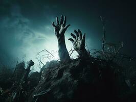 Zombie hand rising on tombstone in dark spooky night, halloween background, AI Generated photo