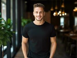 Attractive caucasian man wearing blank empty black t-shirt mockup for design template, AI Generated photo