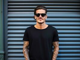 A man with sunglasses wearing blank empty black t-shirt mockup for design template,AI Generated photo