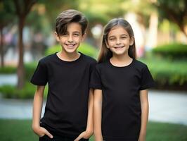 Cute sibling or friend, boy and girl wearing blank empty black tshirt mockup for design template,AI Generated photo