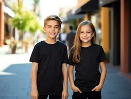 Cute sibling or friend, boy and girl wearing blank empty black tshirt mockup for design template,AI Generated photo