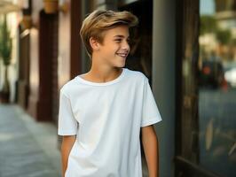 Cute teen boy wearing blank empty white t-shirt mockup for design template, AI Generated photo