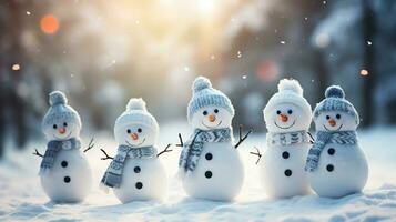 Group of cute snowmen in a cap and scarf in winter snow scene background, celebration concept,AI Generated photo