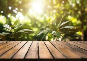 Abstract blank wooden tabletop over blurred green plant in garden background with morning sunlight,AI Generated photo