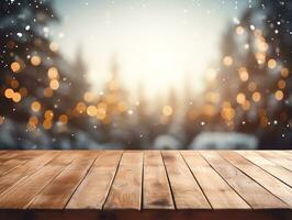 Abstract empty wooden table top with copy space over christmas winter bokeh blurred light background, AI Generated photo