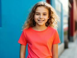 Cute little girl wearing blank empty red t-shirt mockup for design template, AI Generated photo