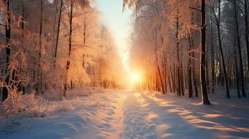 Beautiful sunset in the winter snow landscape background, AI Generated photo