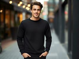 Attractive young man wearing blank empty black t-shirt long sleeves mockup for design template,AI Generated photo