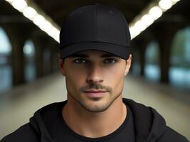 A man wearing blank empty black cap mockup for design template photo