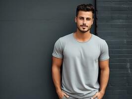 attractive man wearing blank empty grey t-shirt mockup for design template, AI Generated photo