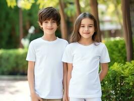 linda hermano o amigo, chico y niña vistiendo blanco vacío blanco camiseta Bosquejo para diseño plantilla, ai generado foto