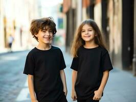 Cute sibling or friend, boy and girl wearing blank empty black tshirt mockup for design template,AI Generated photo