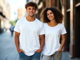 un Pareja novio y Novia vistiendo blanco blanco pareo camisetas Bosquejo para diseño plantilla, ai generado foto