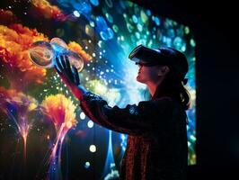 mujer utilizando virtual realidad auriculares, mirando alrededor a interactivo tecnología exposición con multicolor proyector ligero iluminación, ai generado foto