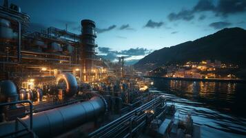 Panoramic view of gas turbine electrical power plant in twilight sky background, industry concept, AI Generated photo