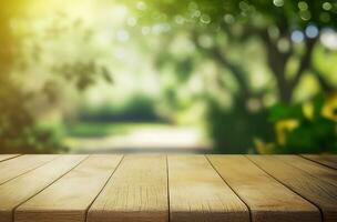 Abstract empty wooden desk tabletop with copy space over spring and summer blurred background, display for product montage, AI Generated photo