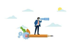 Concept of designer man flying astride a pencil and looking for creative ideas, talented creative worker. creative designer girl flying with pencil rocket looking through binoculars looking for ideas. vector