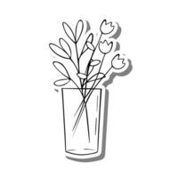 Black line Tulip in Glass on white silhouette and gray shadow. Hand drawn cartoon style. Vector illustration for decorate and any design.