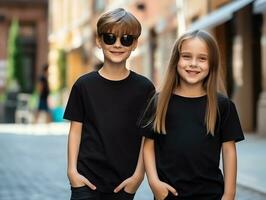 Cute sibling or friend, boy and girl wearing blank empty black tshirt mockup for design template,AI Generated photo