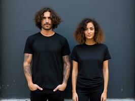 un Pareja novio y Novia vistiendo blanco negro pareo camisetas Bosquejo para diseño plantilla, ai generado foto